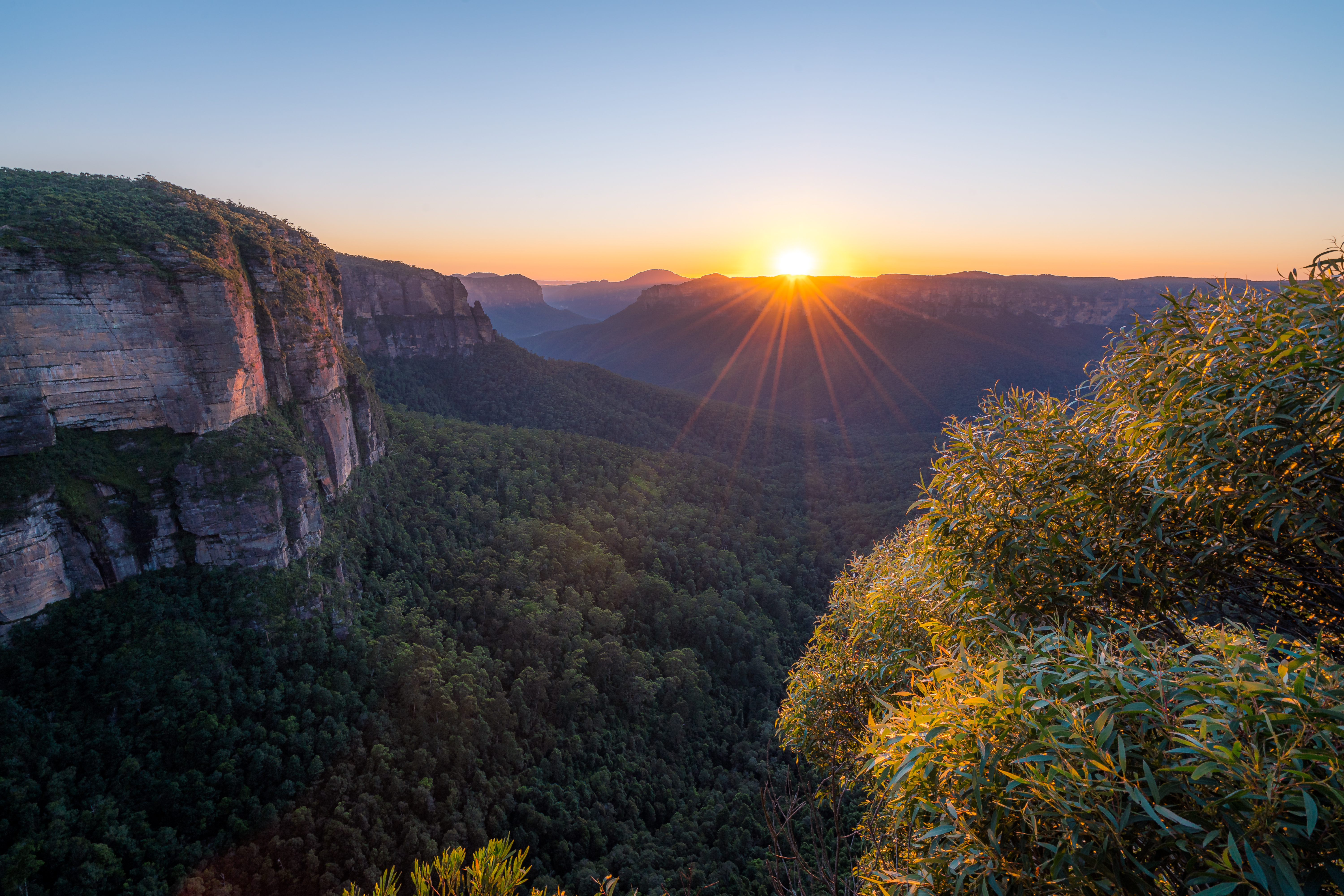 Blue Mountains aerial valley view at sunrise